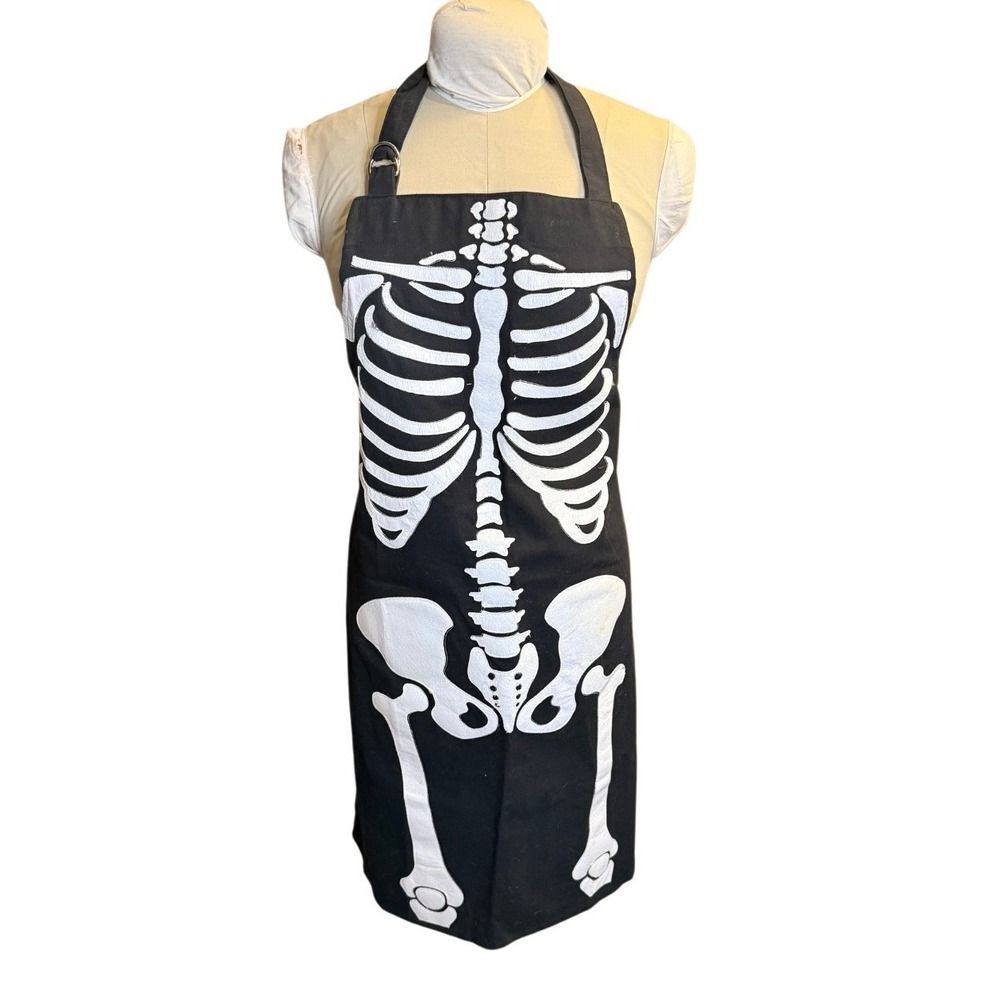 Williams Sonoma Skeleton Halloween Apron Black White Cotton Adjustable Adult
